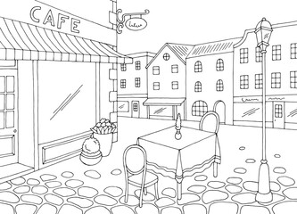 Street cafe graphic black white sketch illustration vector  - 658989300