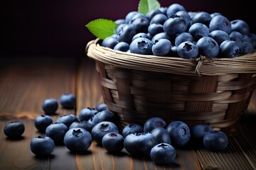 Blueberries in a wicker basket on a dark wooden backgroundm, Blueberries in the basket on top of a vintage wooden table, AI Generated
