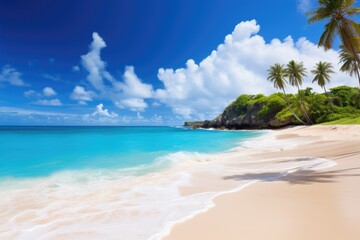 Fototapeta na wymiar Beautiful beach at Seychelles, Praslin island, Bottom Bay, Barbados - Paradise beach on the Caribbean island of Barbados, AI Generated