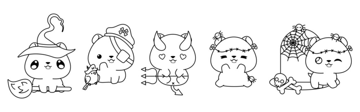 Set of Kawaii Halloween Hamster Coloring Page. Collection of Cute Vector Halloween Animal Outline