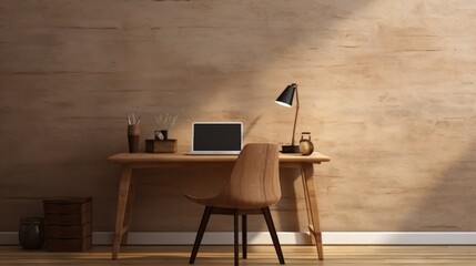 Wooden desk with laptop, lamp and other items on wooden wall background