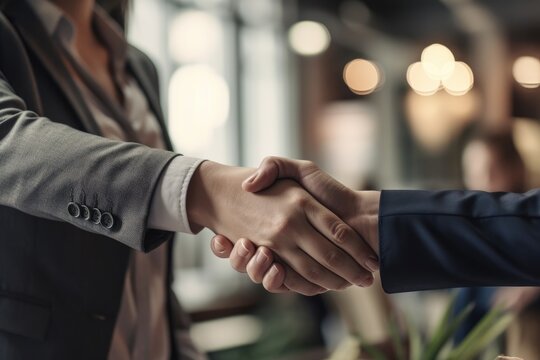 Business people shaking hands at meeting or negotiation, close-up. Success in business, partnership and handshake concept.