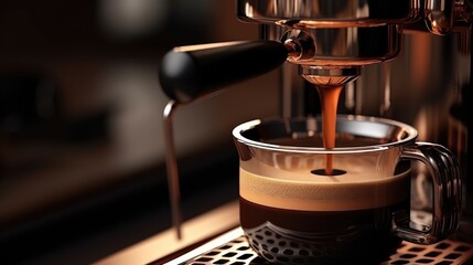 Coffee machine making espresso in cafe, closeup. Professional coffee brewing process
