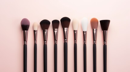 Makeup brushes at table top view - obrazy, fototapety, plakaty