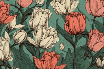 A continuous design with hand-drawn tulips. Generative AI