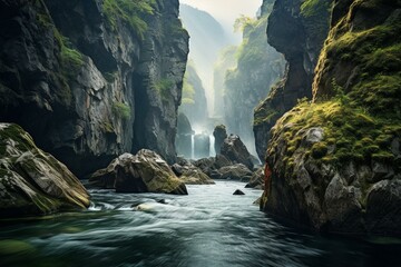 Naklejka na ściany i meble Breathtaking river and descending waterfall: a mesmerizing beauty. Generative AI