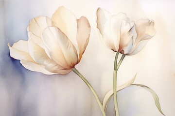 Delicate watercolor tulip with separated white leaves. Generative AI