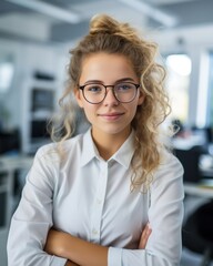 Fototapeta premium Close up portrait of smiling beautiful millennial businesswoman or CEO looking at camera, happy female boss posing making, confident successful woman at work.