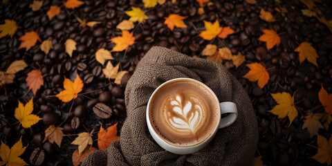 A delicious coffee with an autumn background, copy space