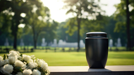 Elegant black urn containing ashes, a solemn memento of a life remembered - obrazy, fototapety, plakaty