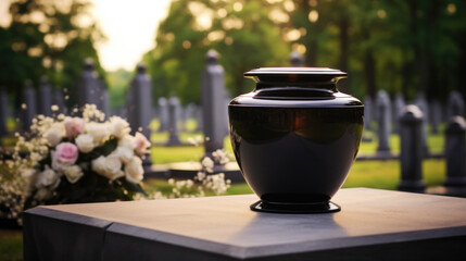 Black memorial urn with cremated remains, a token of farewell at a funeral. - obrazy, fototapety, plakaty