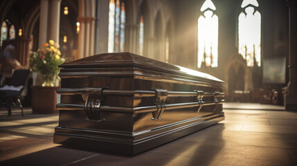 Black coffin in church, funeral. - obrazy, fototapety, plakaty