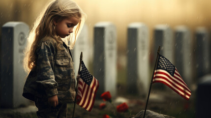 Young girl pays tribute on Memorial Day, honoring the sacrifices of our heroes. - obrazy, fototapety, plakaty