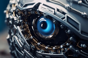 3D rendering of a robot's eye in a futuristic space. Close-up view of futuristic robot eye. Bionic prosthetic eye. Cybernetic technologies in prosthetics. 3D Rendering.