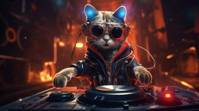  Cool space cat DJ with stroboscopes in his ears plays music.