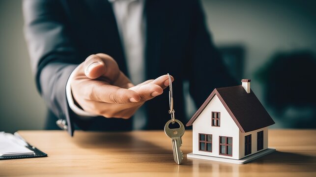 Close-up image of human hands holding house model. real estate business concept