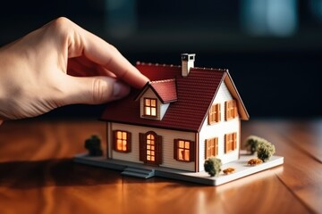 Hands of real estate agent holding house model. Real estate concept