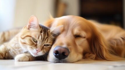 Cat and dog sleeping together. Kitten and golden retriever taking nap. Home pets. Animal care. Love...