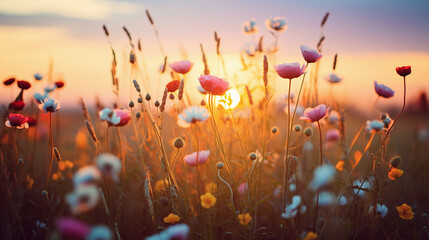 A field of wild blooms bathed in the warm hues of the setting sun.