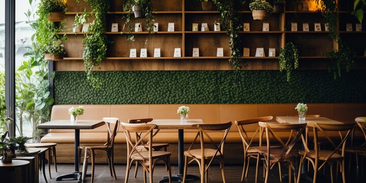 A warm and welcoming view of a cozy cafe, featuring charming wooden tables and chairs, creating a serene and homely atmosphere, inviting for relaxed conversations and leisurely coffee breaks.