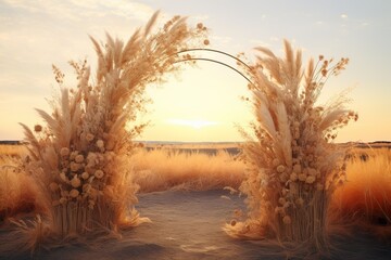 an arch made of dried grass at sunset, in the style of photorealistic renderings, light brown and gold