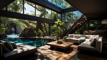 interior view of modern swimming pool with wooden house