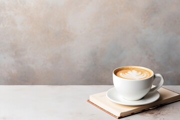 Flat lay captures a serene moment, featuring a full cup of robust espresso paired with an inviting...