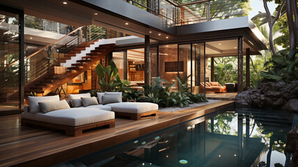 interior view of modern swimming pool with wooden house - obrazy, fototapety, plakaty