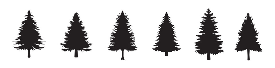 Christmas tree icon set. Vector illustration of pine silhouette isolated on transparent background. happy x mas 2023