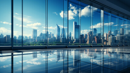 empty glass floor of modern office building and blue sky.