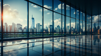 Fototapeta na wymiar empty glass floor of modern office building and blue sky.