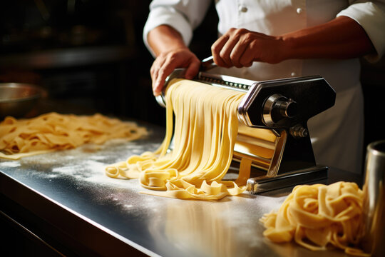 Chef making fresh tagliatelle with a traditional pasta machine - Powered by Adobe