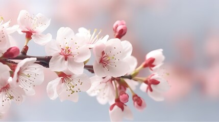 Fototapeta na wymiar Branches of blossoming cherry blurry soft white background