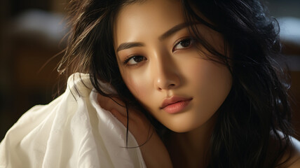 Fototapeta premium beautiful asian woman with long dark hair in a black dress