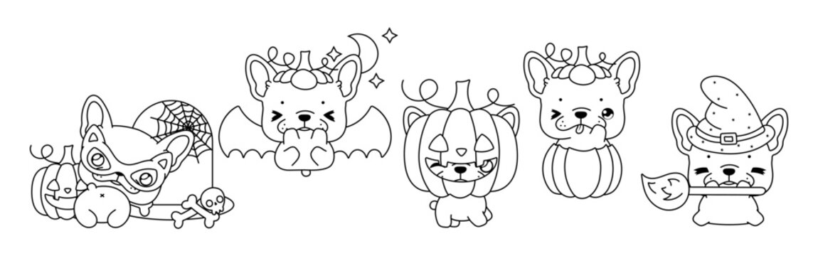 Set of Kawaii Halloween French Bulldog Dog Coloring Page. Collection of Halloween Puppy Outline.