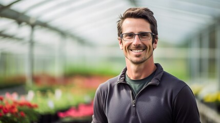 Portrait of cheerful bearded man in professional uniform standing in greenhouse