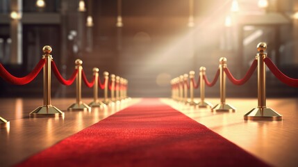Red carpet and barriers with velvet rope, red curtains in the background and spotlight