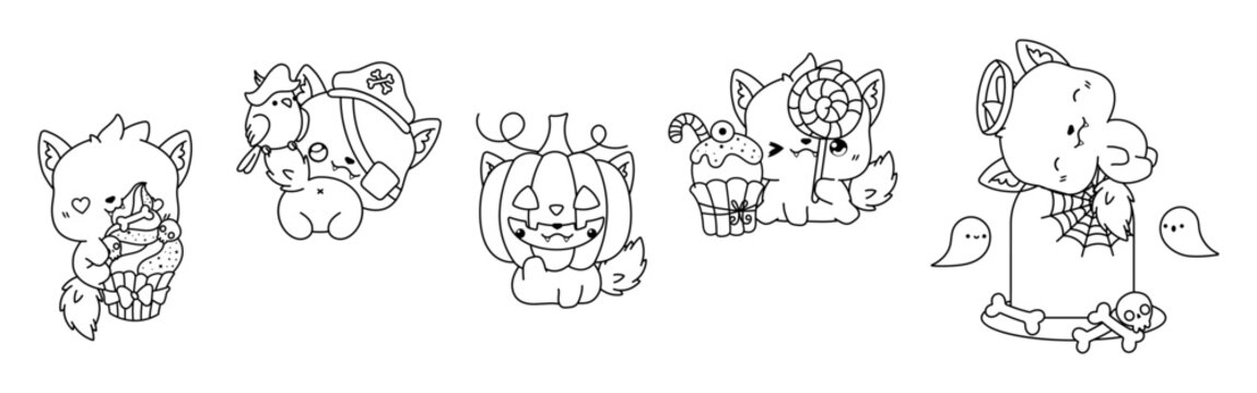 Set of Kawaii Halloween Wolf Coloring Page. Collection of Cute Vector Halloween Animal Outline.