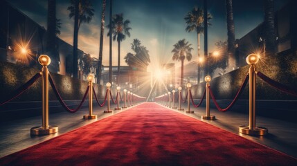 Red carpet and barriers with velvet rope, red curtains in the background and spotlight - obrazy, fototapety, plakaty