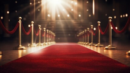 Red carpet and barriers with velvet rope, red curtains in the background and spotlight
