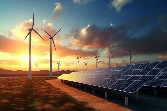 Renewable energy: wind power and solar panels. Generative AI