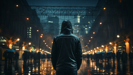a man in a black jacket walks on the street at night