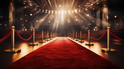 Red carpet and barriers with velvet rope, red curtains in the background and spotlight - obrazy, fototapety, plakaty