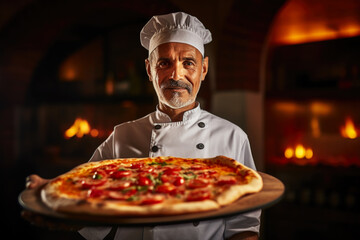 Portrait of professional chef in a pizzeria, pizzaiolo presenting freshly cooked pizza