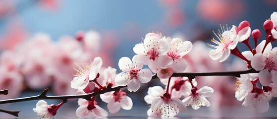 Branches of blossoming cherry blurry soft white background