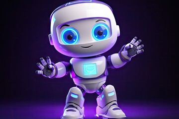 White cute robot with hands with blue light background.