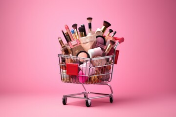 Shopping cart full of makeup products isolated on pink background. Copy space.