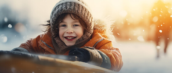 Close up of happy child, kid sledding from snowy mountain. Winter leisure activity. Generative ai - obrazy, fototapety, plakaty