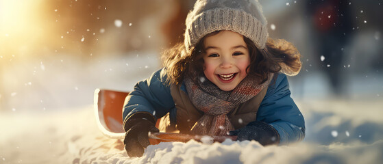 Close up of happy child, kid sledding from snowy mountain. Winter leisure activity. Generative ai