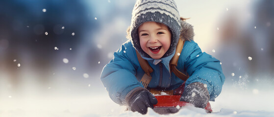 Close up of happy child, kid sledding from snowy mountain. Winter leisure activity. Generative ai